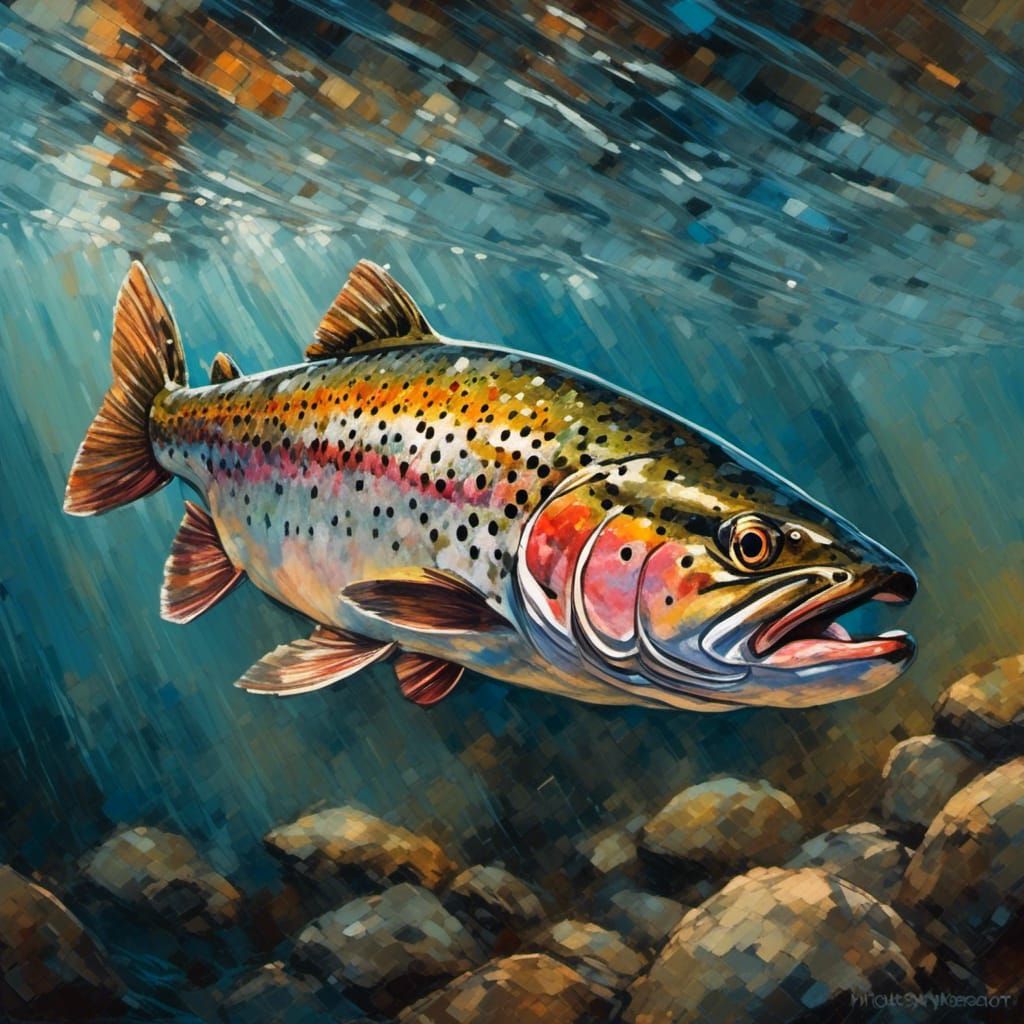 Underwater Rainbow Trout in Grungy Oil Painting