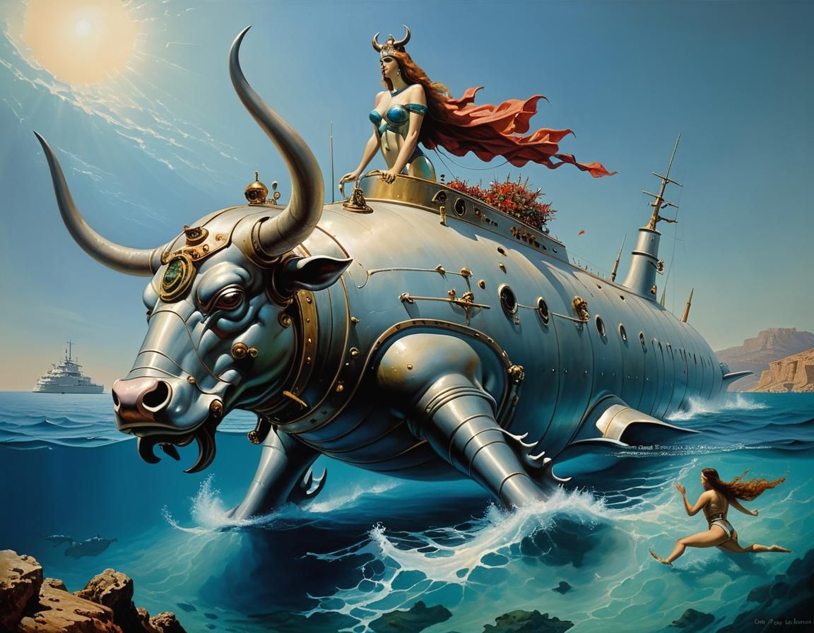 Europa Rides Bull-Submarine Hybrid: Fantasy Oil Painting