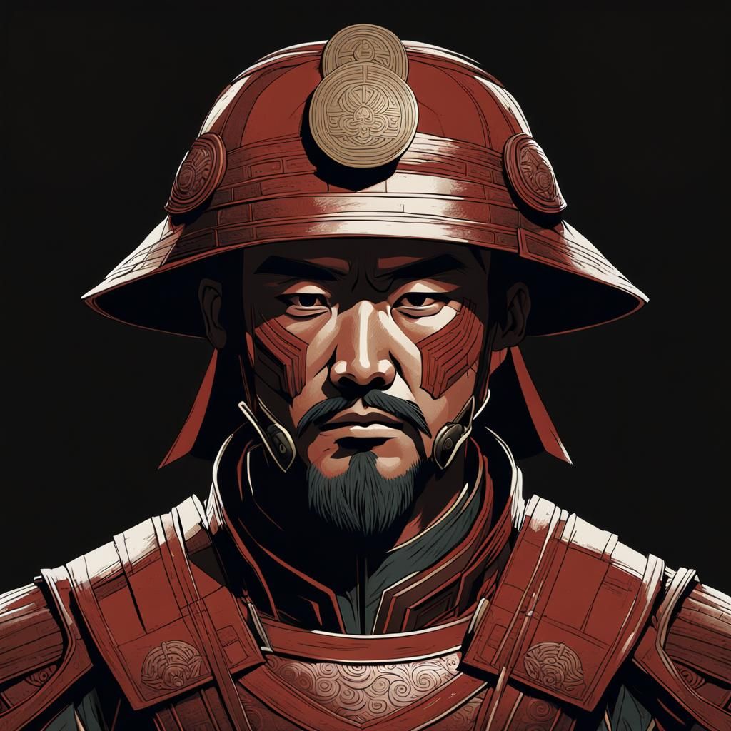 Worried Asian Soldier in Ancient Armor, Line Art Portrait
