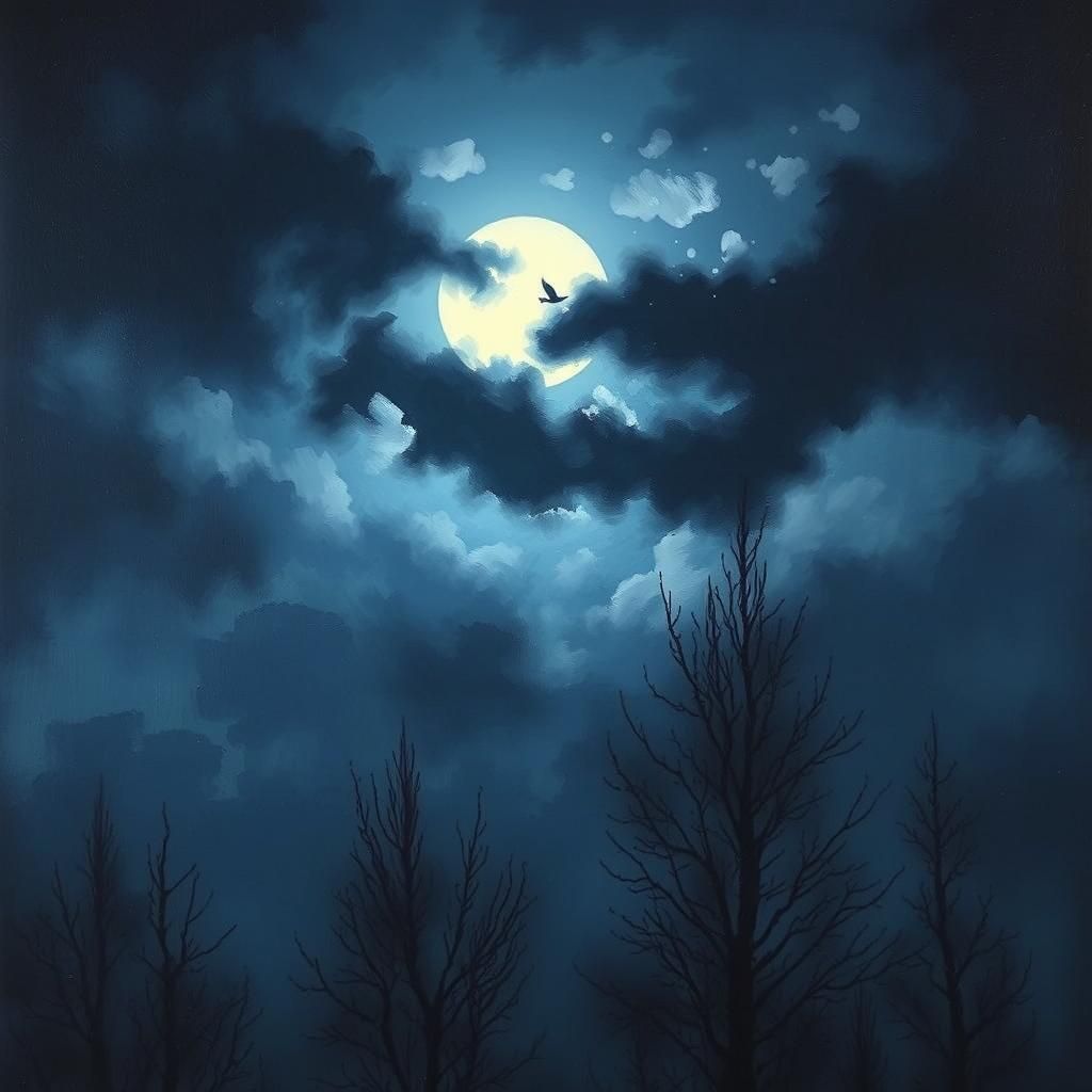 Expressionist Moon Painting with Swirling Clouds