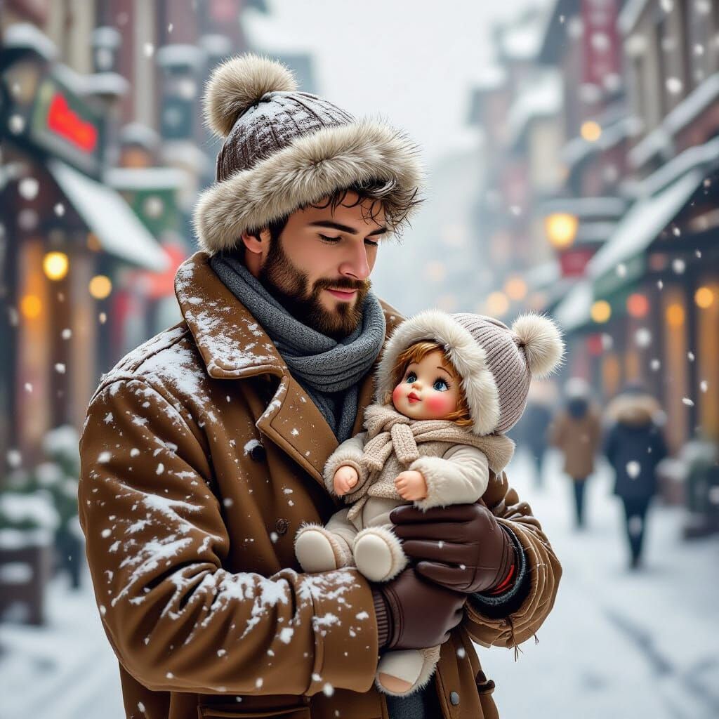 Man and Doll in Snow, Sketch-Style Oil Painting