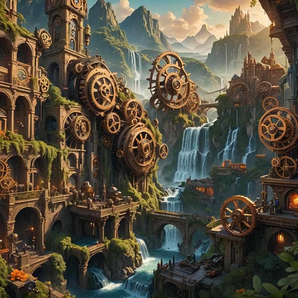 Clockwork Cityscape Amidst Nature, Digital Matte Painting