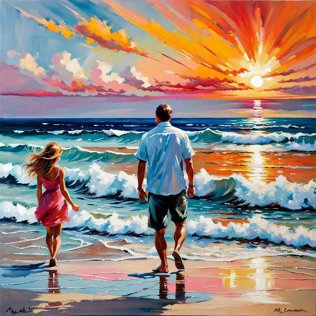Family at Sunset Beach Scene in Neo-Impressionist Style