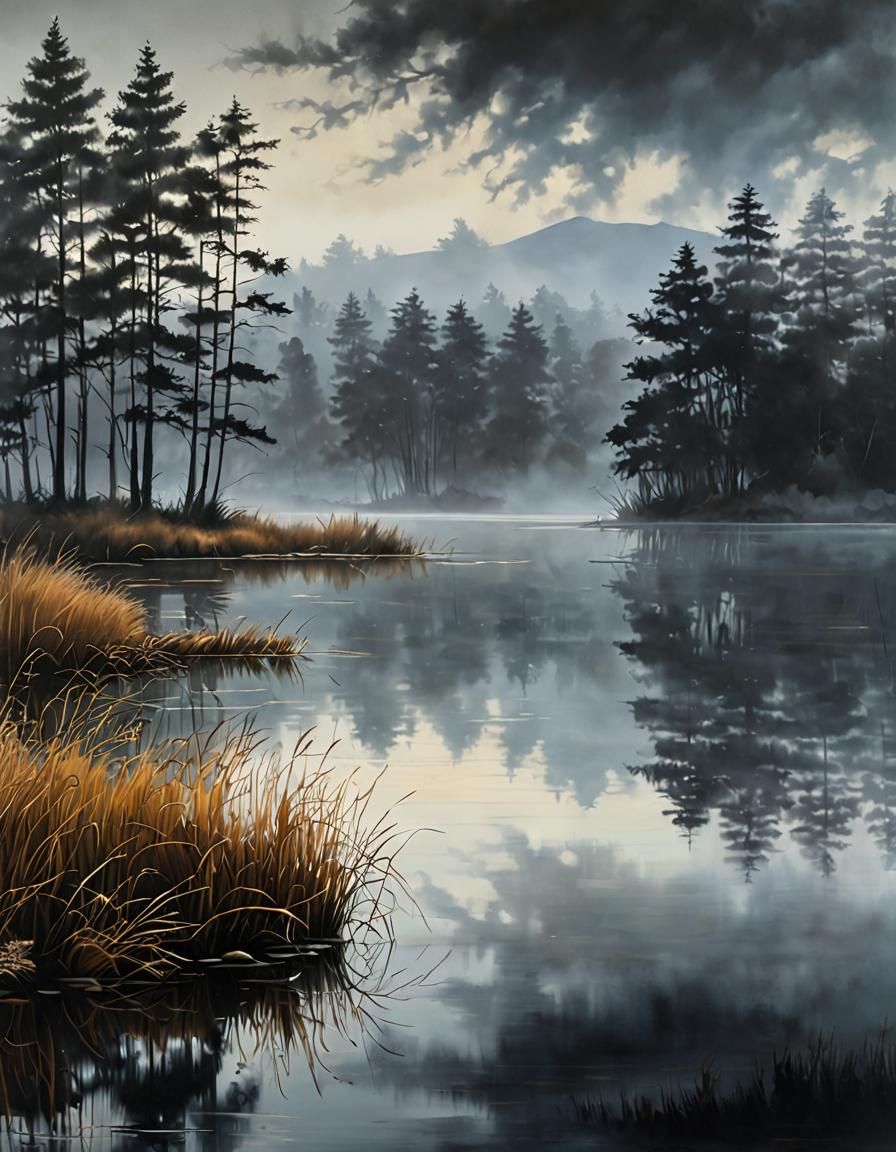 Foggy Lake Reflections: Tranquil Oil Painting