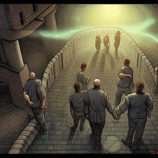 Claustrophobic Prison Yard in Comic Book Style