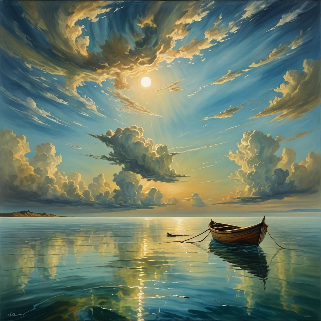 Lonely Boat on Calm Sea in Surrealist Style