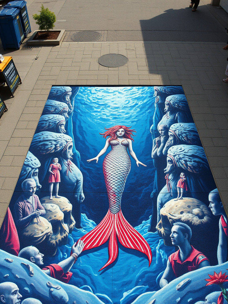 Mermaid Leaping from Ocean: 3D Pavement Art