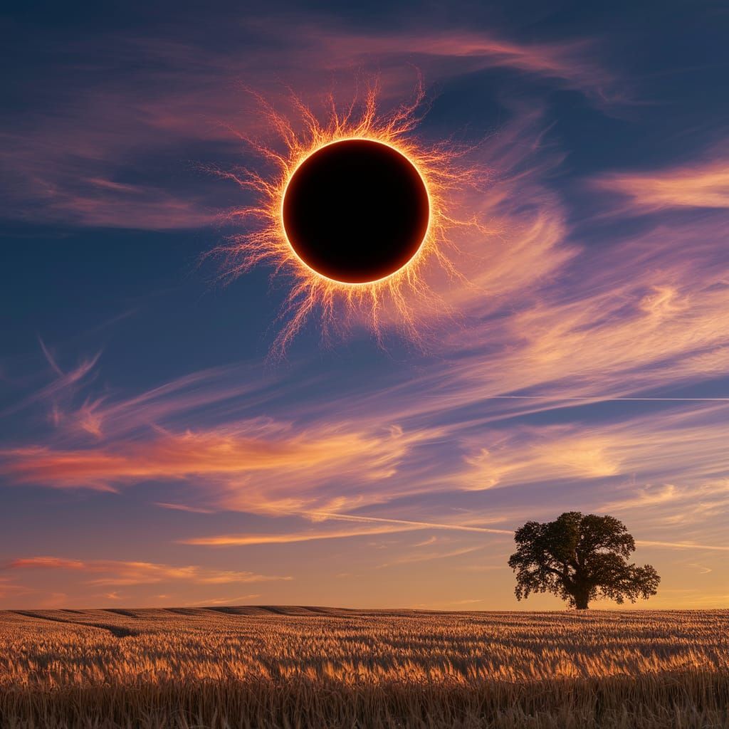 Solar Eclipse Over Golden Wheat Field in Turner Style