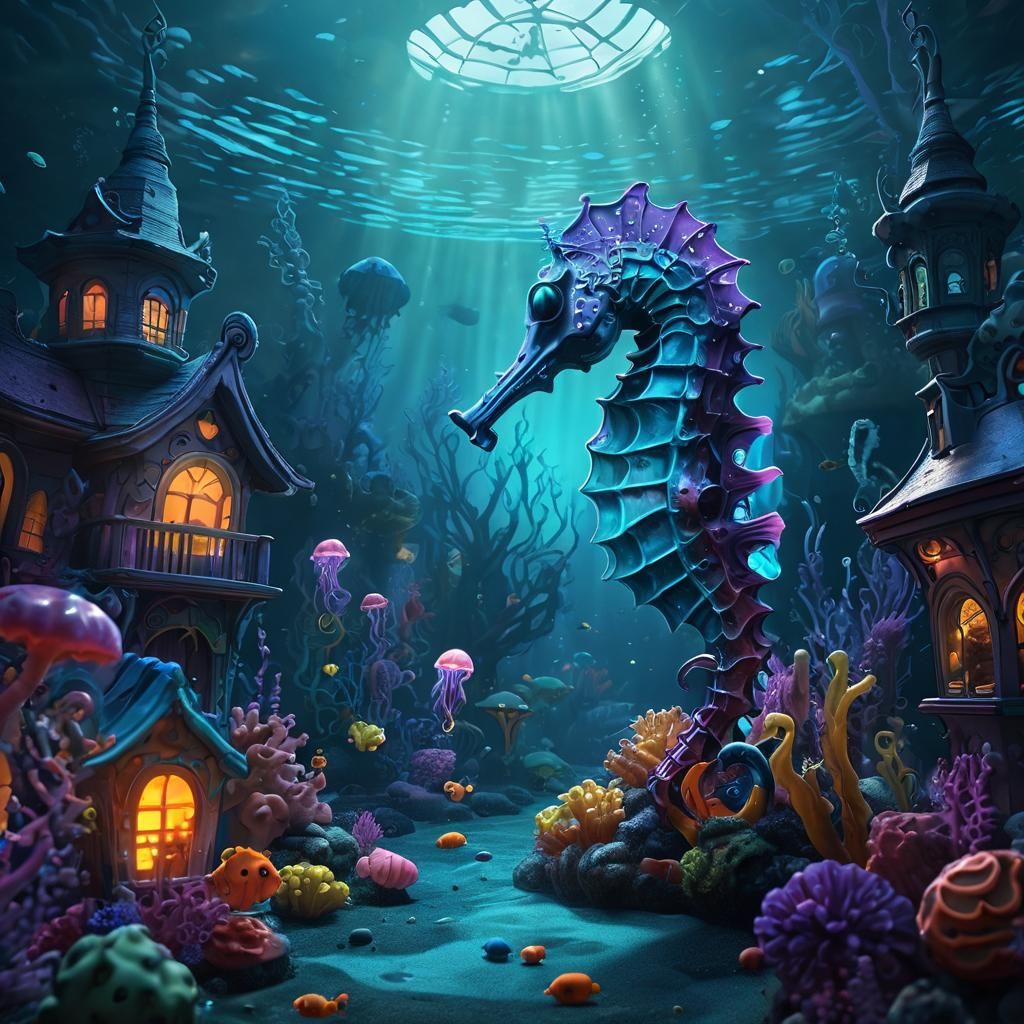 Spooky Seahorse in Underwater Funhouse: Surreal Concept Art