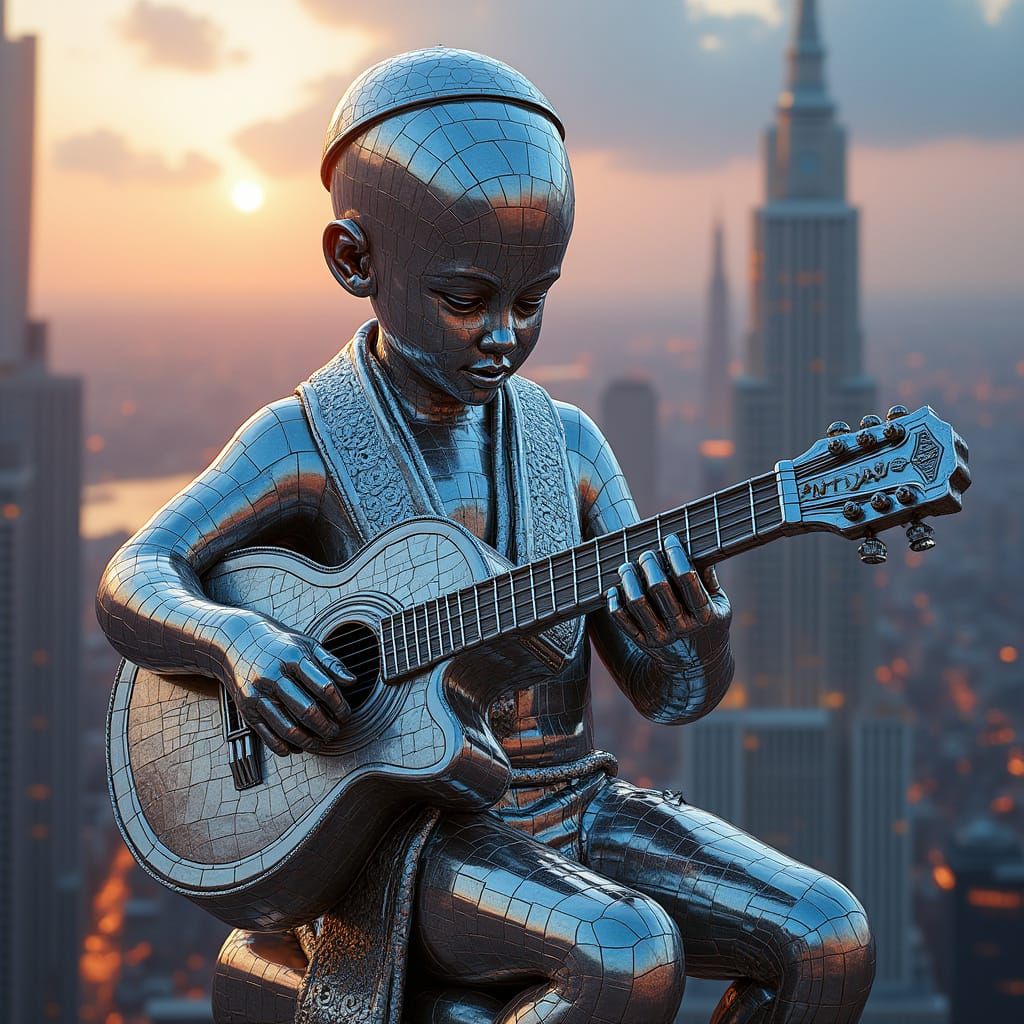 Gigantic Chrome Statue Plays Guitar on Futuristic Skyscraper