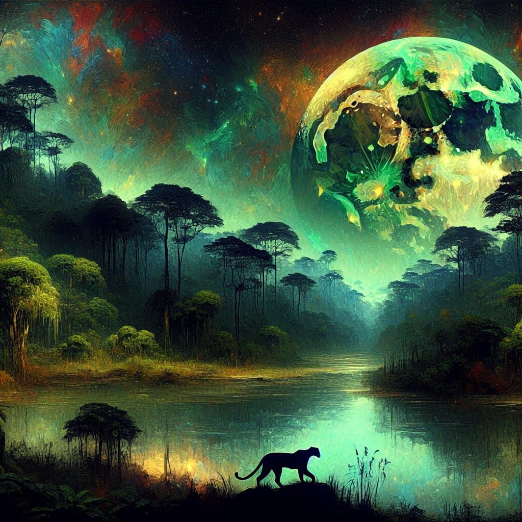 Psychedelic Moonlit Amazon Rainforest: Impasto Painting