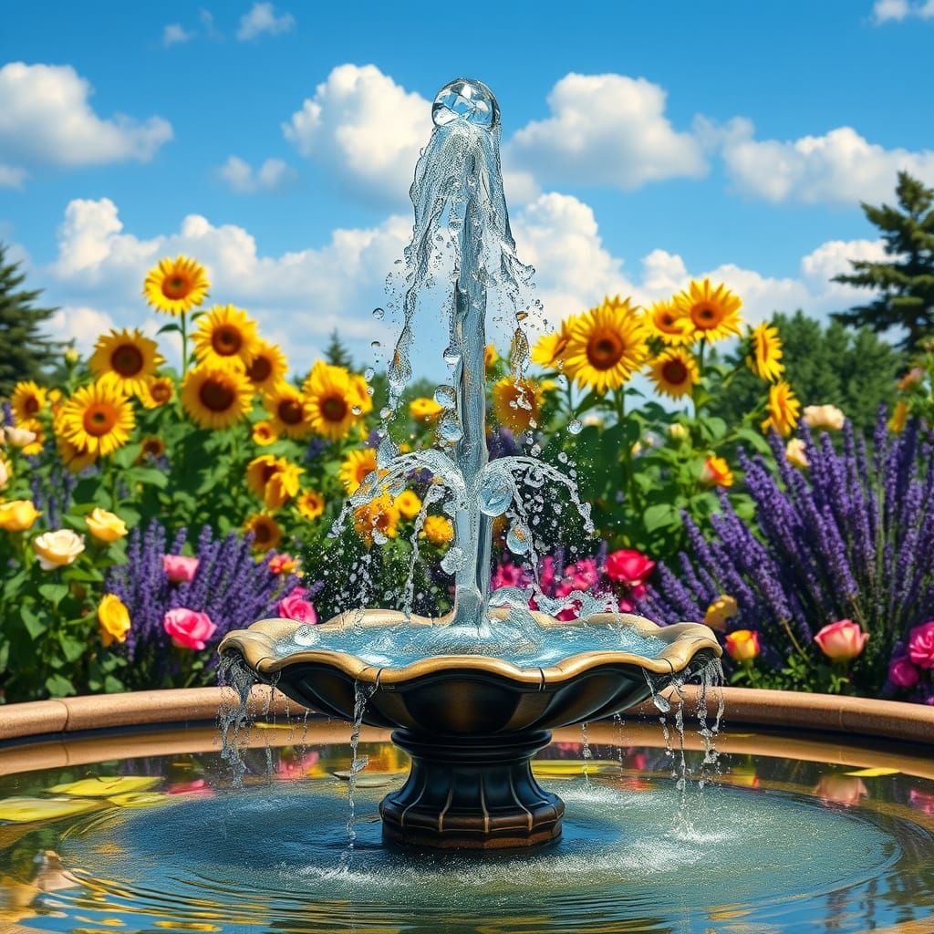 Magnificent Fountain Reflecting a Lush Garden in Impressioni...