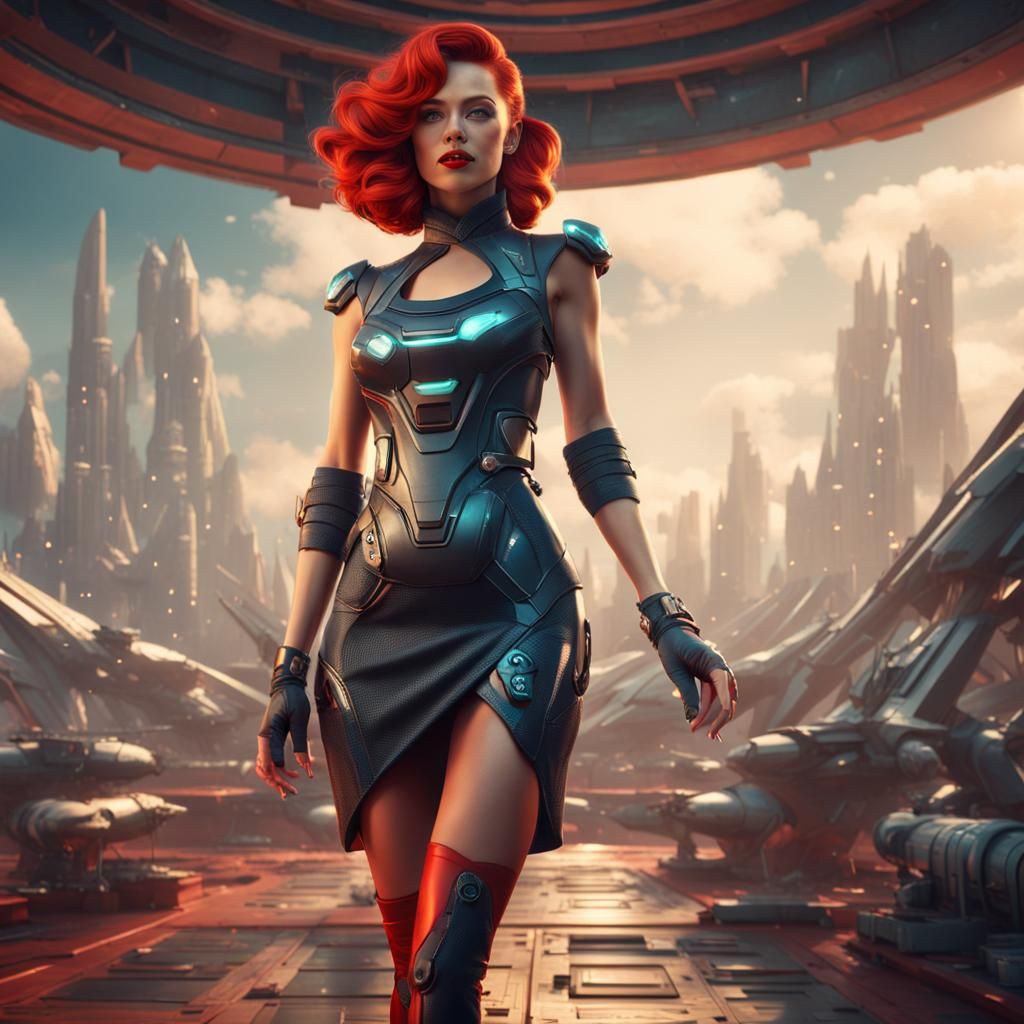 Futuristic Pin-Up Woman in Detailed Digital Painting