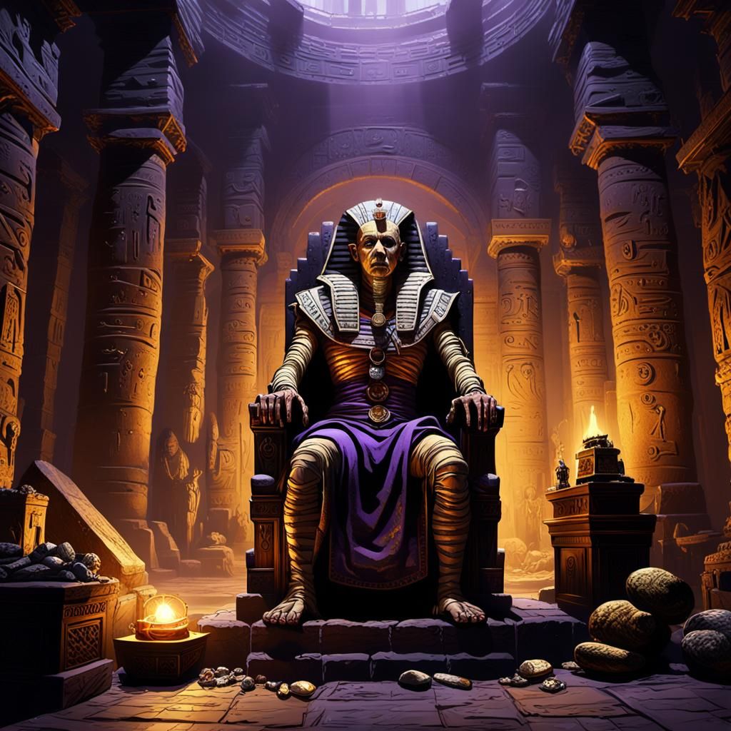Mummy King on Throne in Dark Fantasy Lair