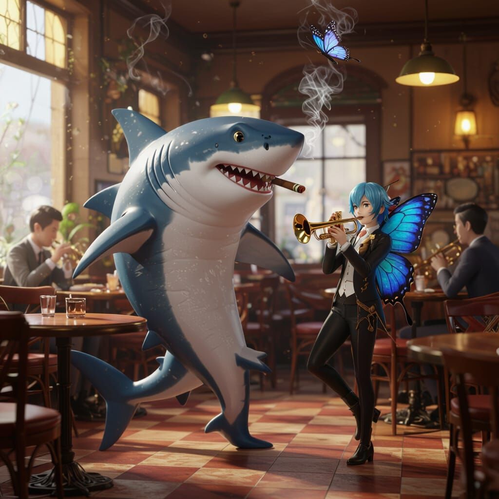 Dancing Shark and Trumpet Butterfly in Cafe