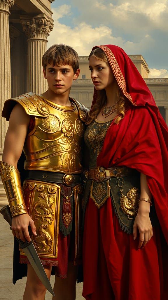 Young Alexander in Regal Macedonian Armor, Beside His Mother...