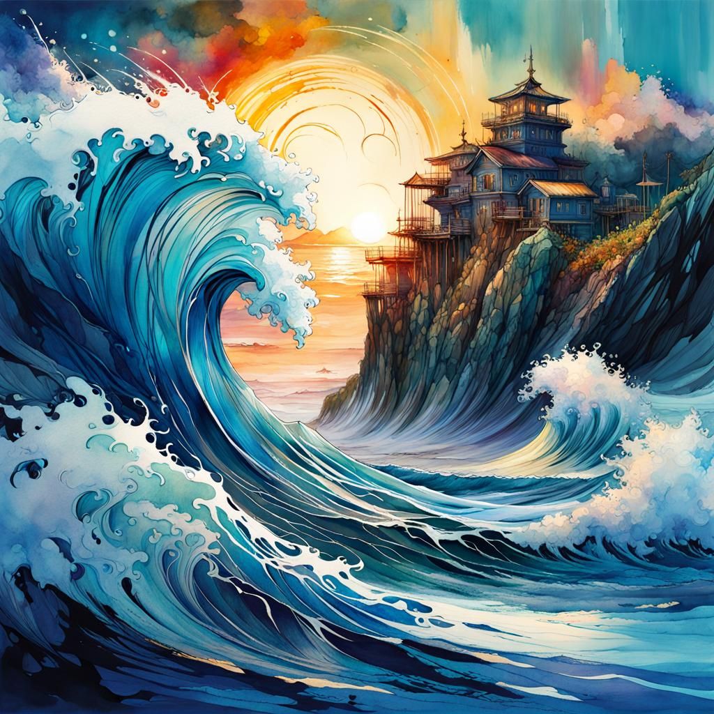 Ocean Waves in Digital Watercolor Illustration