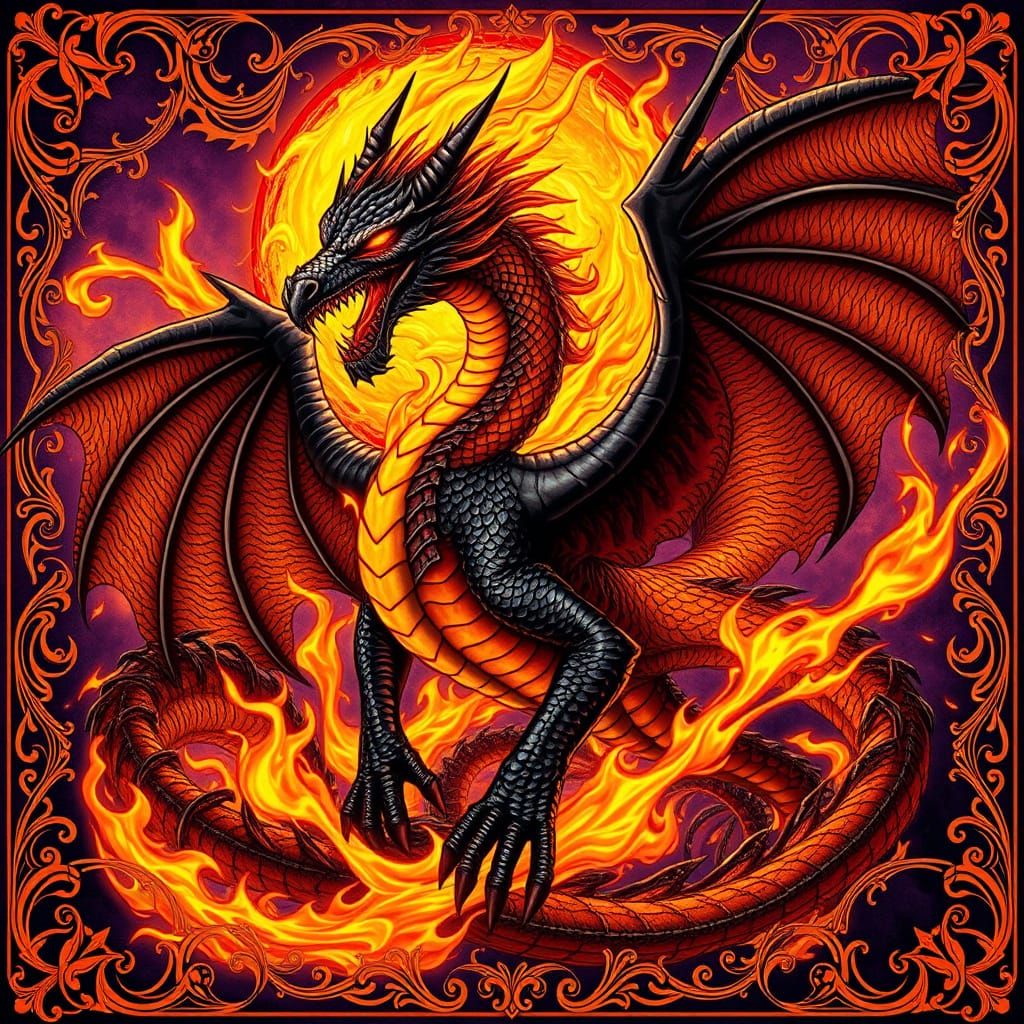 Majestic Dark Fantasy Dragon in Art Nouveau Style