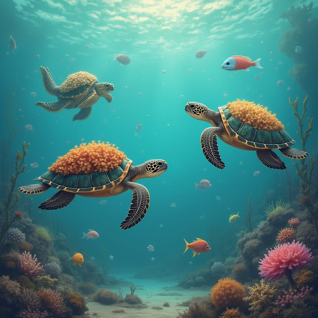 Underwater Turtles in Dreamy, Detailed Style
