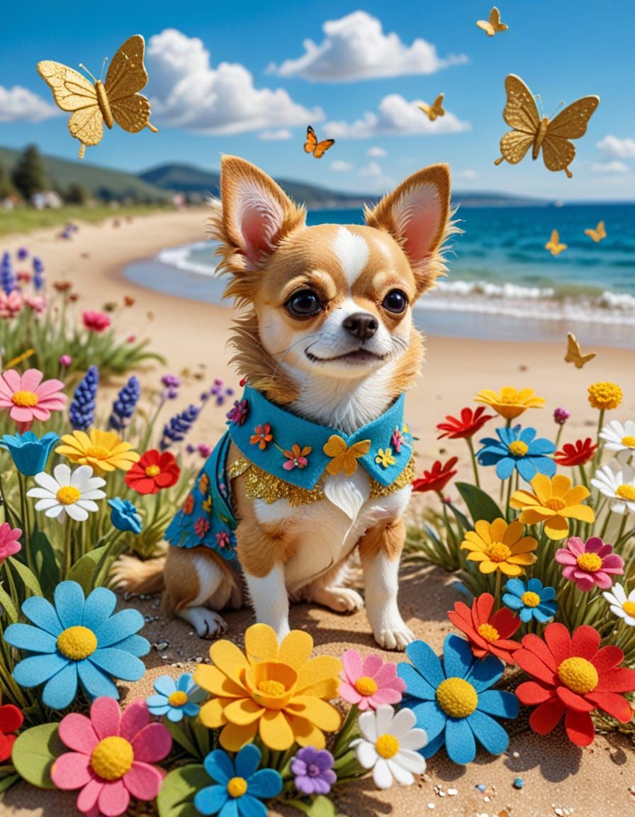 Felt Art Chihuahua Dog on Colorful Beach Holiday