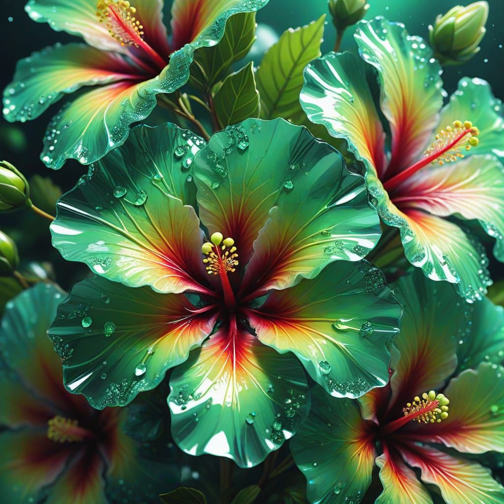 Futuristic Green Crystal Hibiscus Flower in Digital Art