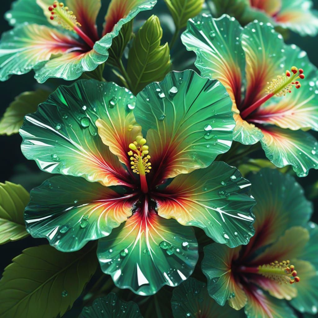 Futuristic Green Crystal Hibiscus Flowers: Digital Art