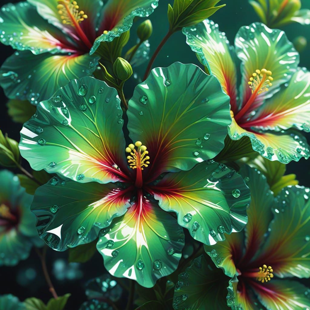 Green Crystal Hibiscus Flowers in Futuristic Garden
