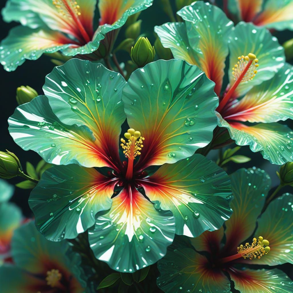 Futuristic Green Crystal Hibiscus Flowers in Digital Art