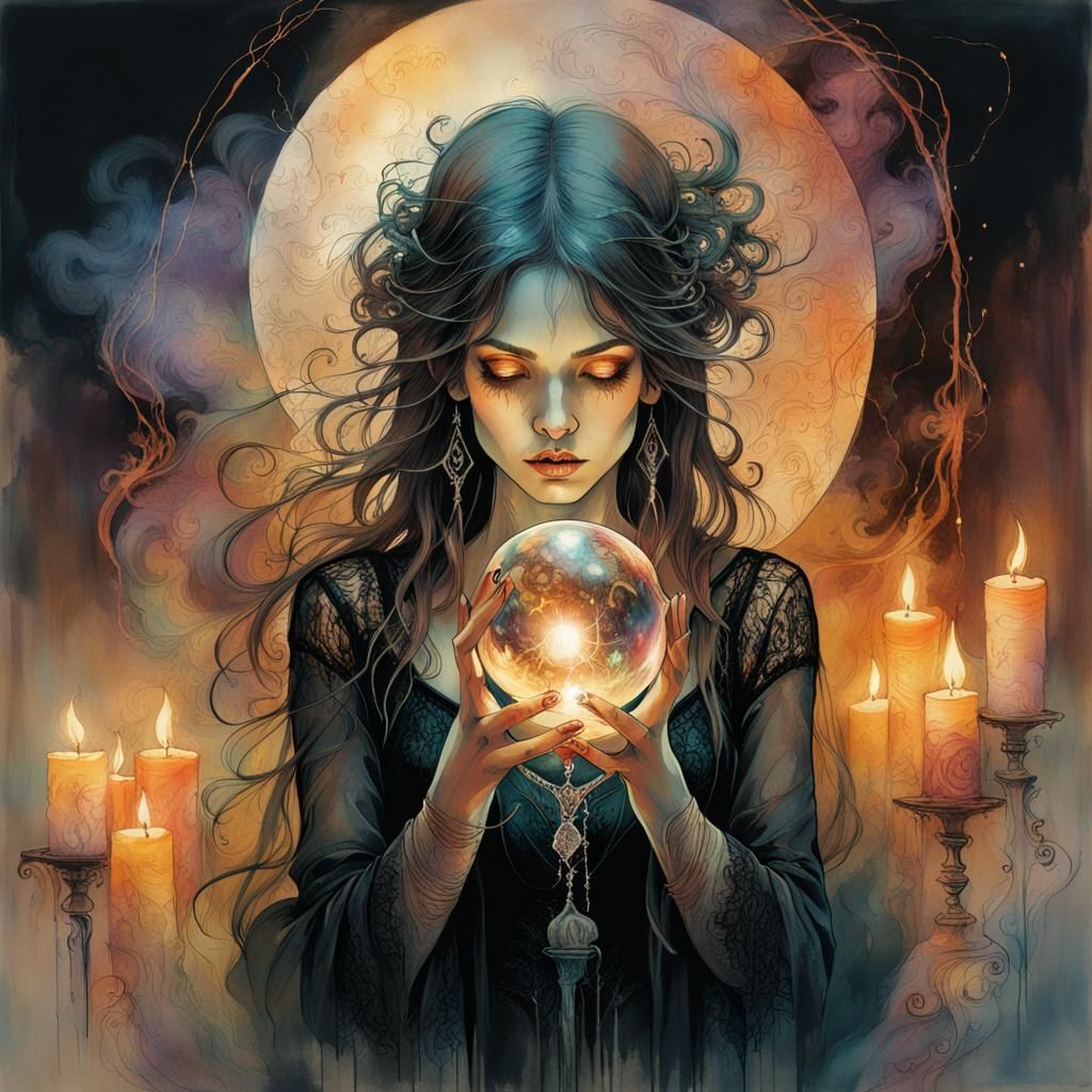 Bewitching Seeress Holding Crystal Ball in Fantasy Setting