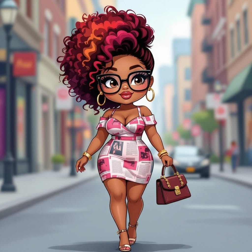 Chibi Woman in Cityscape: Watercolor and Enamel Art