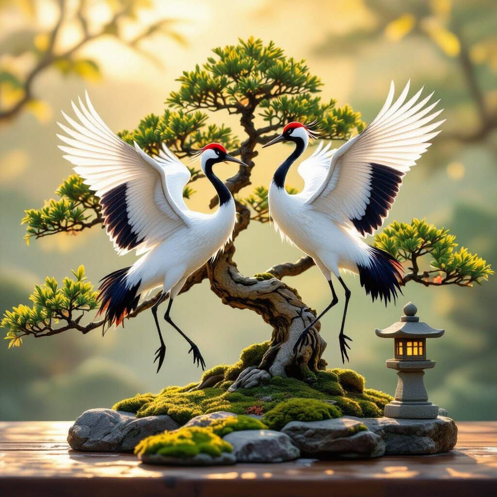 Elegant Cranes Dance in Ancient Bonsai Garden