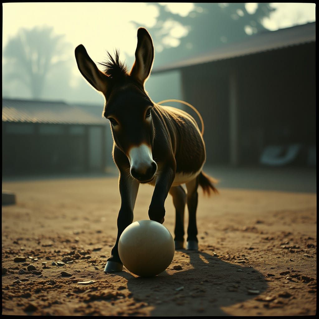 Donkey Plays with Ball in Cinematic Film Still