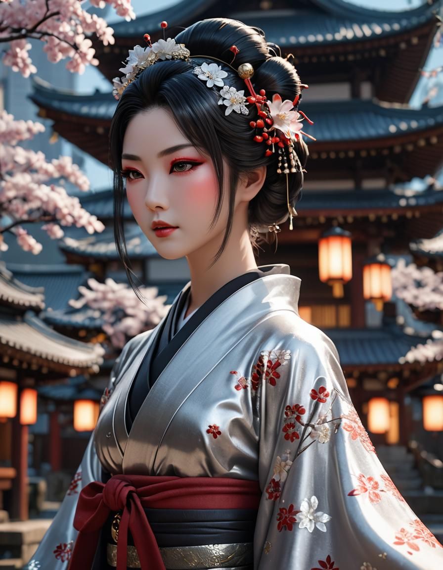 Silver Geisha Hikizuri in Anime Art Style