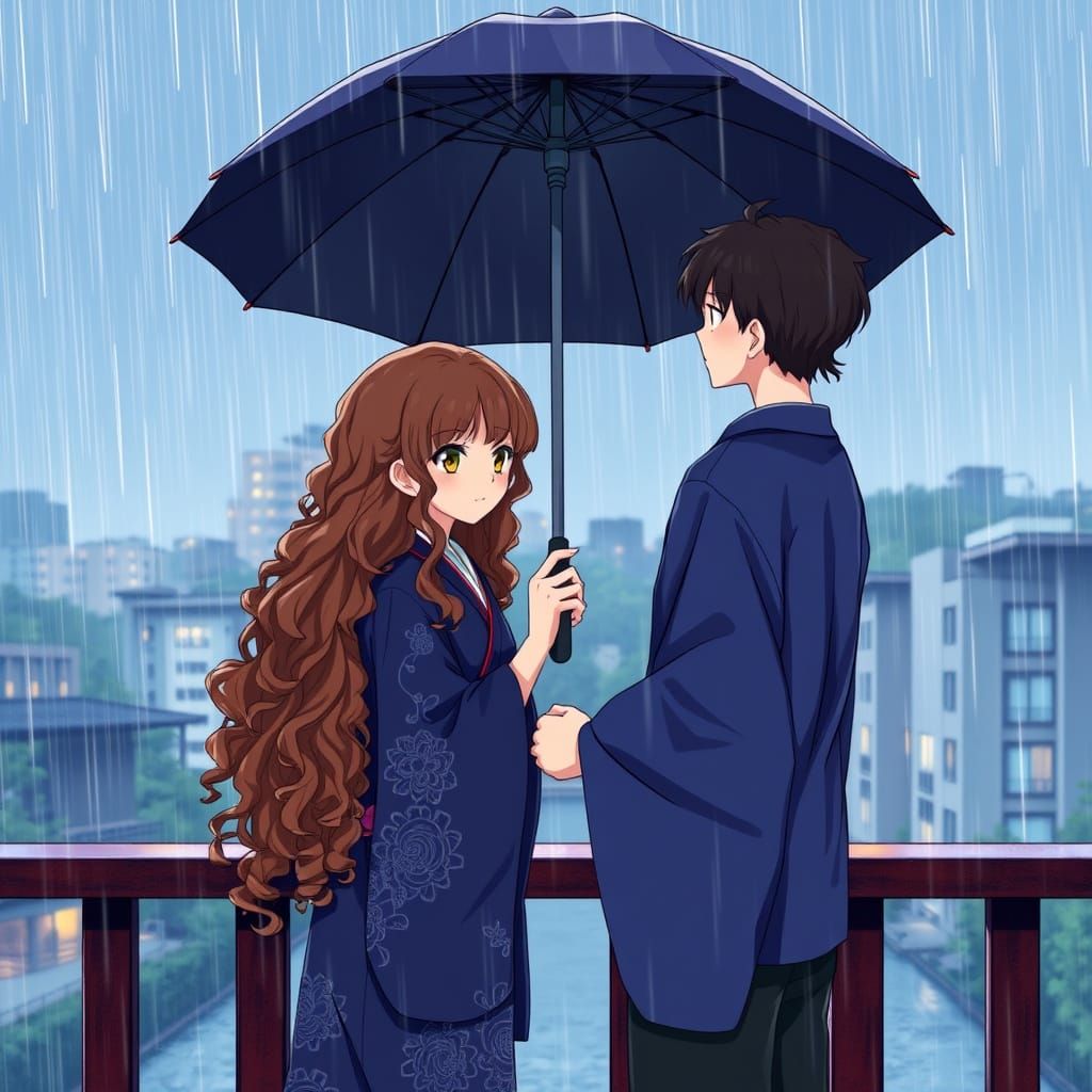 Romantic Rainy Night Anime Scene with Cinematic Lighting