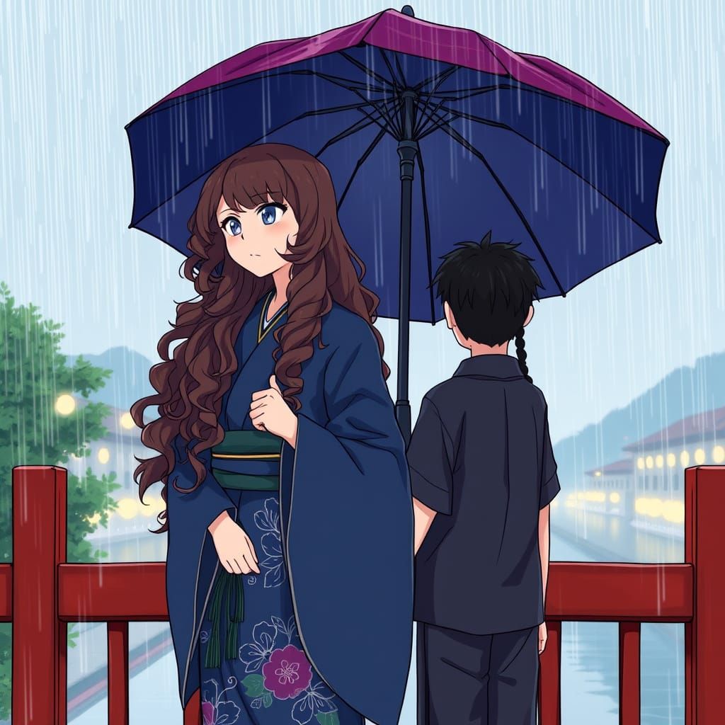 Romantic Scene Under Rainy Bridge in Anime Style