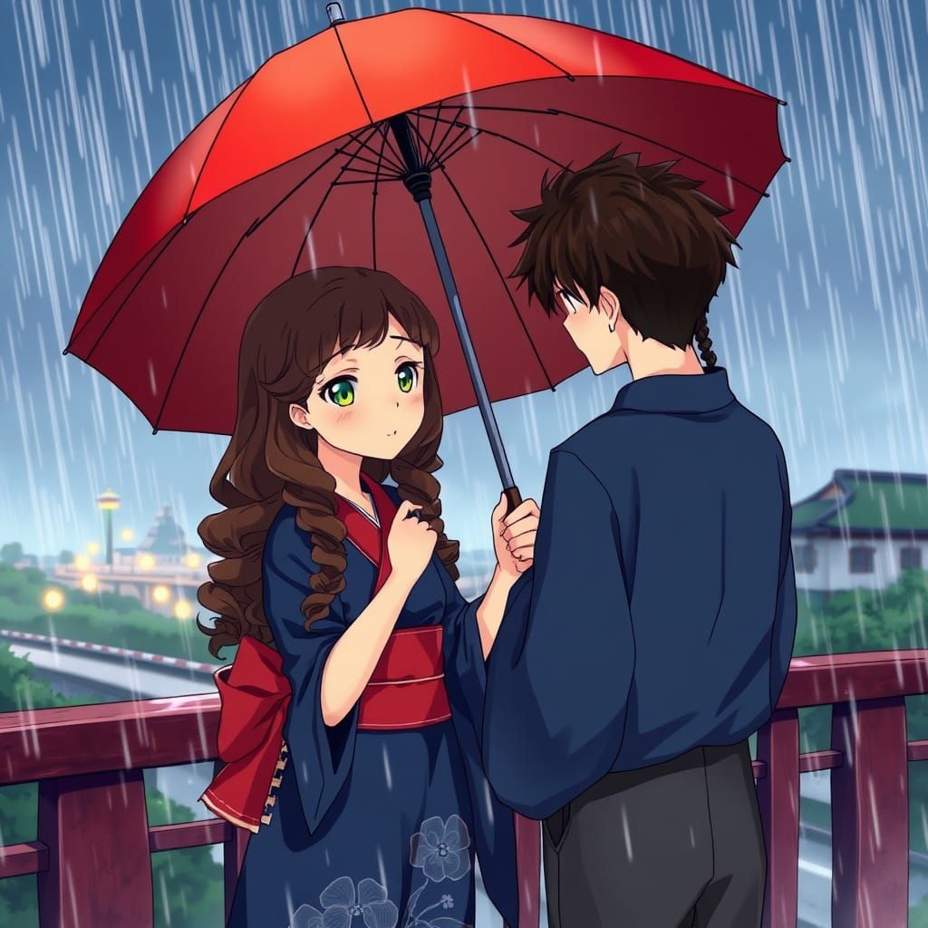Girl and Boy Stand Together on Rainy Bridge in Anime Style