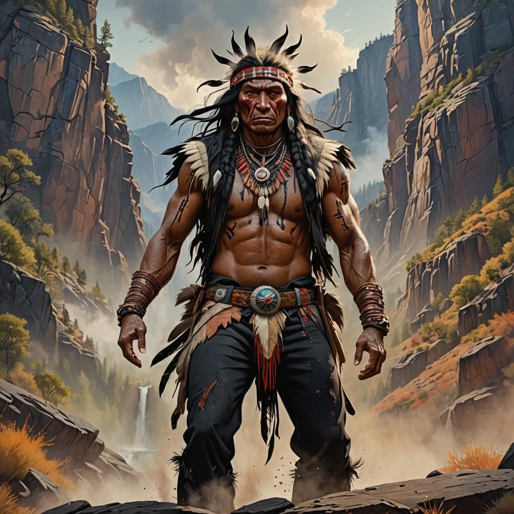 Native American Gazing at Devil's Mountain: Hyperrealistic A...