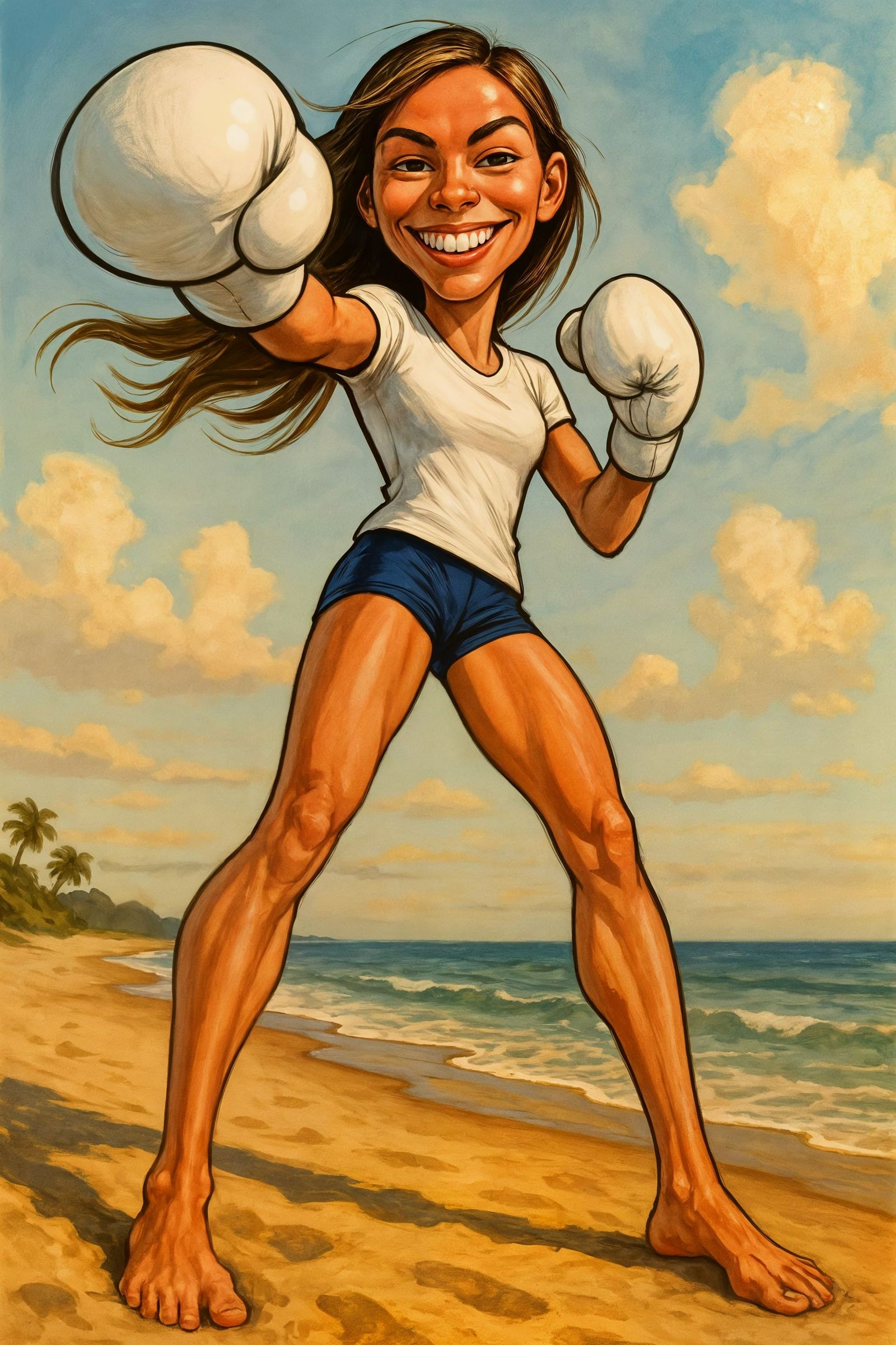 Dynamic Caricature of a Tall American Girl Boxing