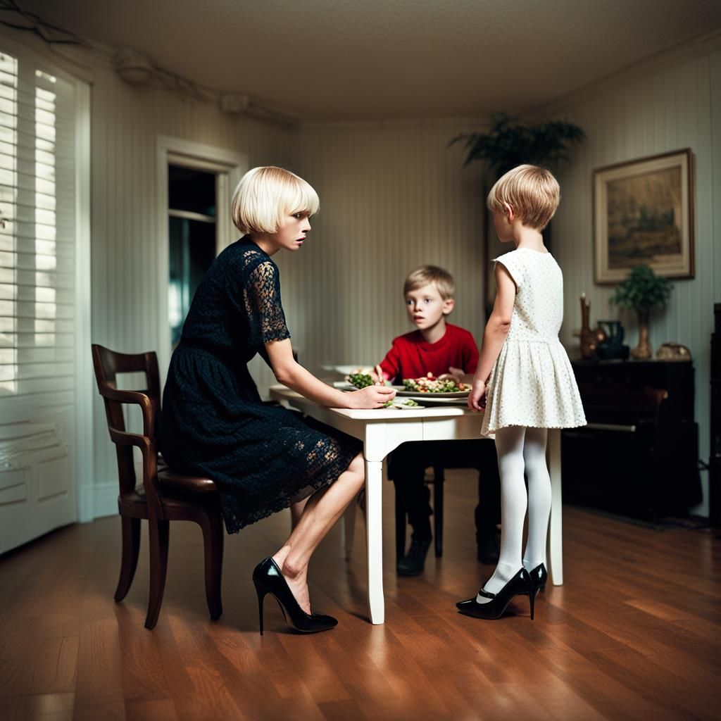 Playful Sibling Dress-Up: A Cinematic Film Still