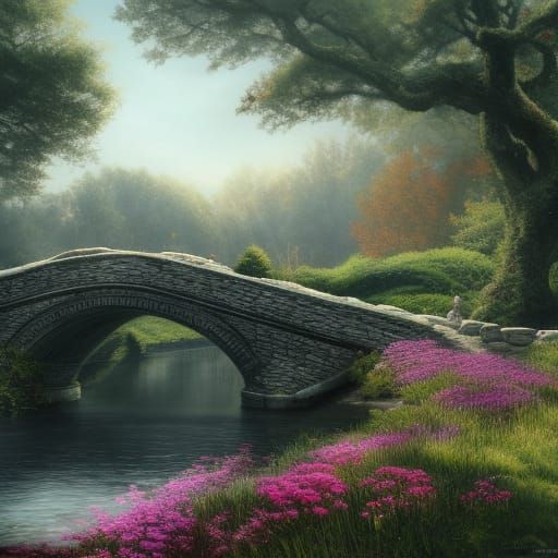 Cottagecore Stone Bridge in Victorian Flower Garden