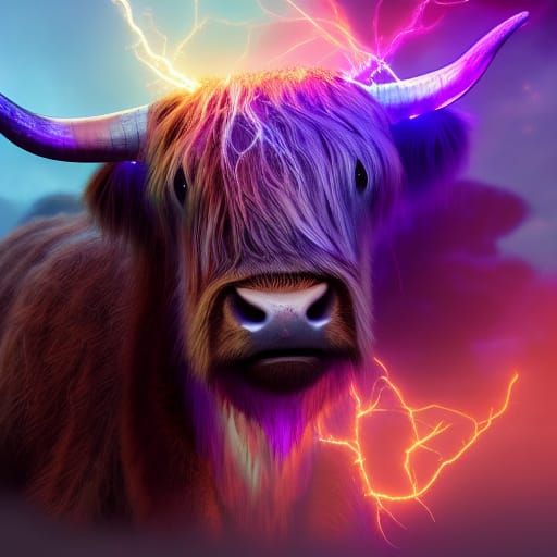 Electric Highland Cow in a Fantastical Landscape