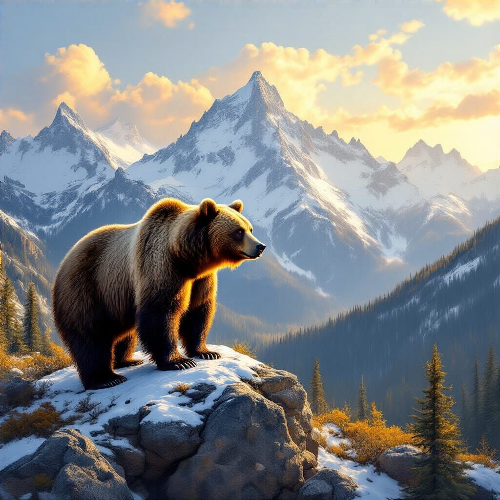 Grizzly Bear Overlooking Wilderness in Hyperrealistic Style
