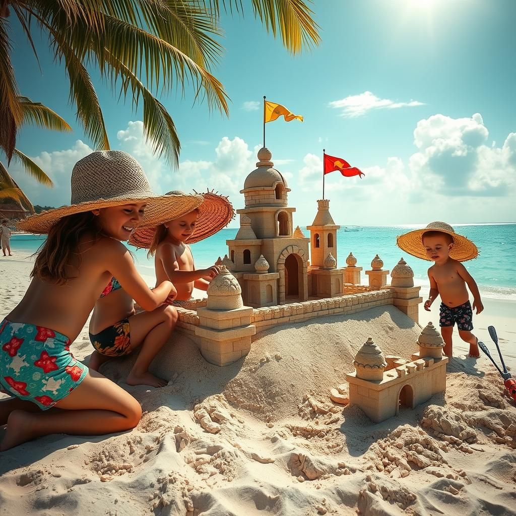 Children Building Sandcastle on Tropical Beach