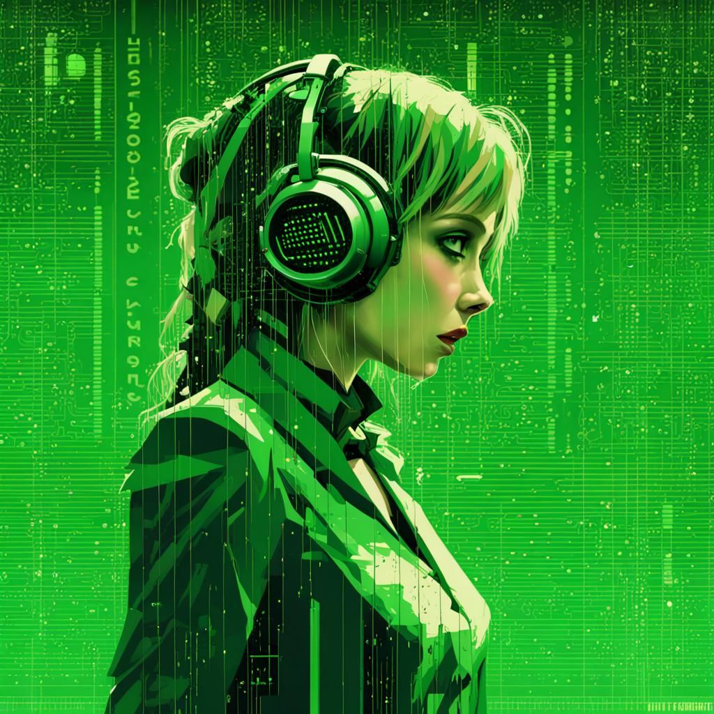 Alice in Wonderland Glitch Art in Green Hues