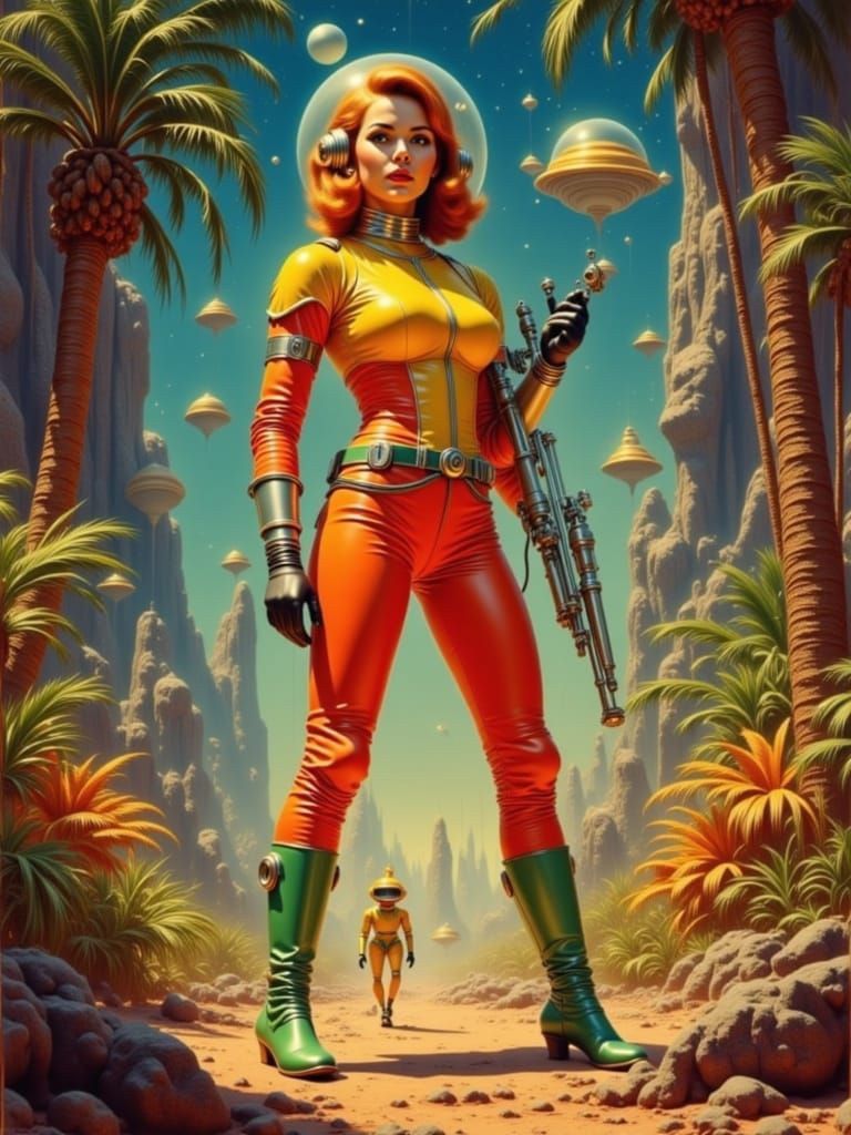 Retro Sci-Fi Space Girl with Bazooka on Alien Planet