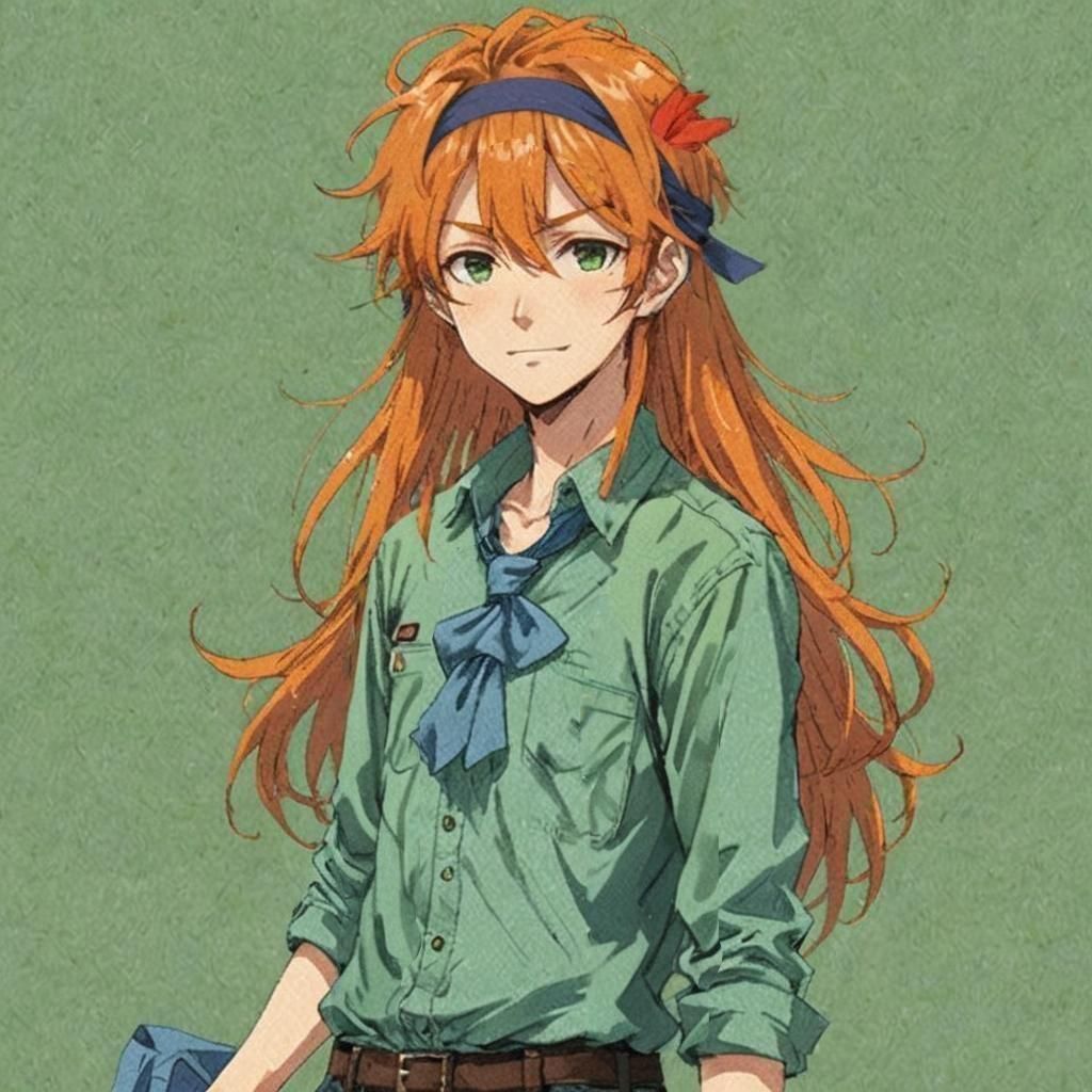 A boy with very long, fluffy, messy orange hair. "anime", An...