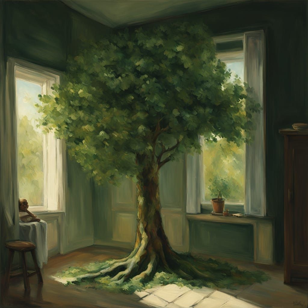 Gouache Painting of a Tree Growing Indoors