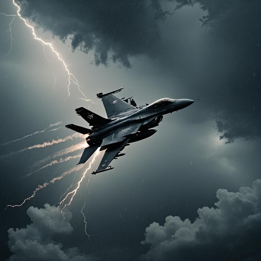 Dramatic Cinematic Shot of Black F-16 in Storm