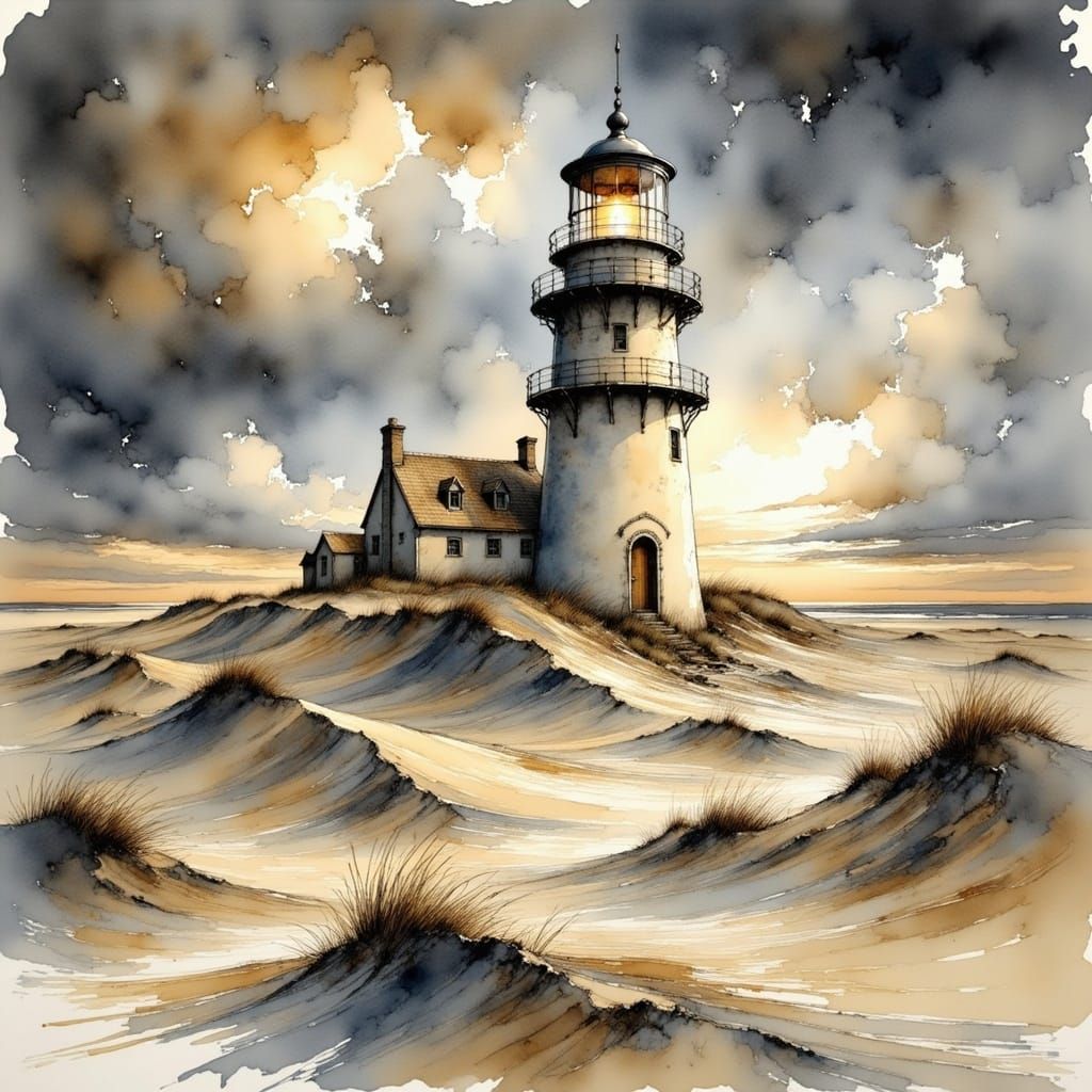 Majestic Lighthouse on Shifting Dunes in Stormy Evening