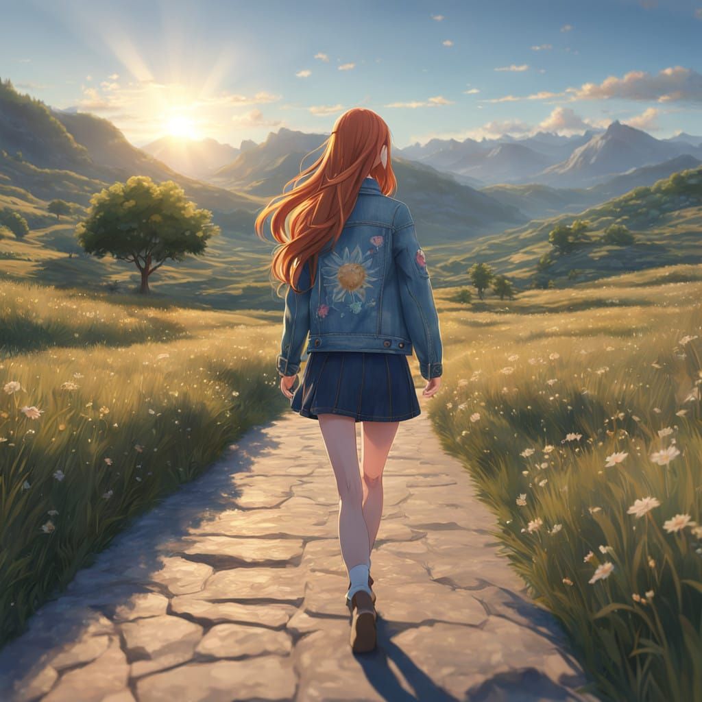 Ginger Anime Girl Walks in Sunset Valley